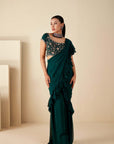 Green Pre Drape Pant Saree with Ruffle Hand Crafted Blouse