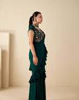 Green Pre Drape Pant Saree with Ruffle Hand Crafted Blouse