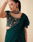 Green Pre Drape Pant Saree with Ruffle Hand Crafted Blouse