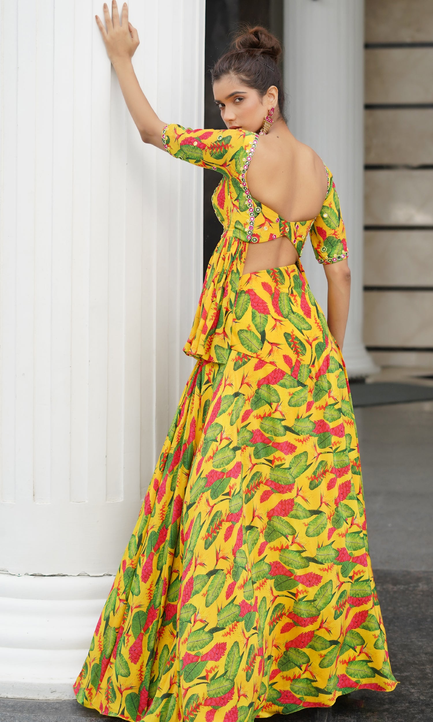 Yellow Ginger Flower Peplum Lehenga (Set Of 2)