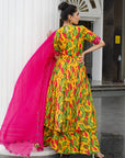 Yellow Ginger Flower Yoke Anarkali Set (Set Of 4)
