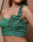 Bright Green 3-D Organza Indo Lehenga Set (Set Of 2)