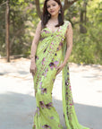 Elephant Print Green Purple Pre-Drape Saree (Set Of 2)