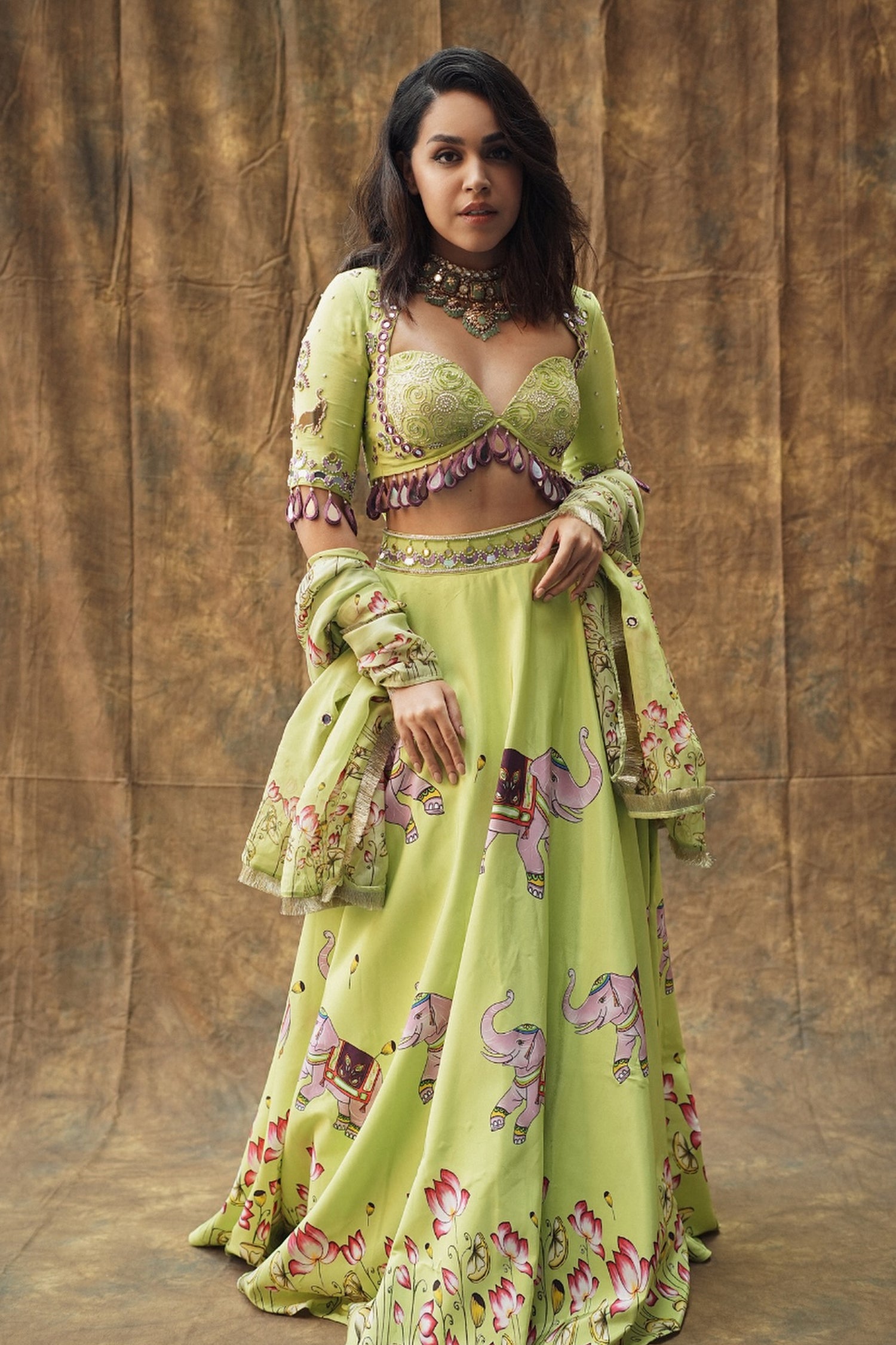 Elephant Print Green And Purple Heavy Lehenga Set (Set Of 3)