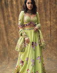 Elephant Print Green And Purple Heavy Lehenga Set (Set Of 3)