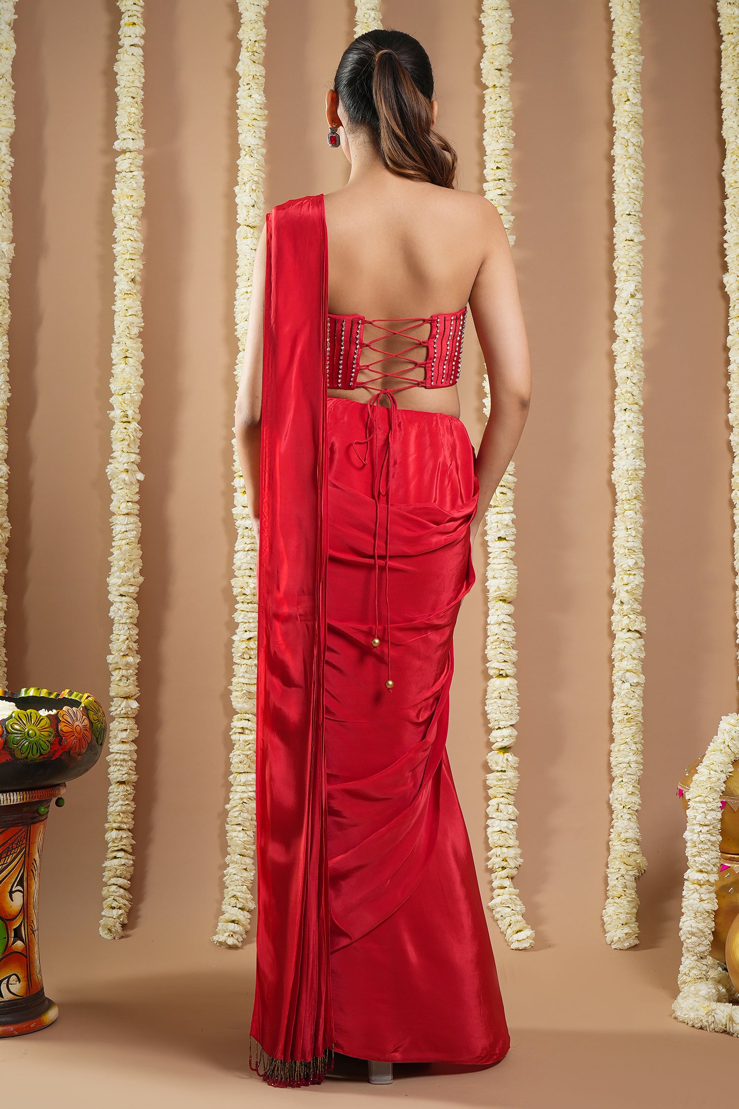 Hot Red Corset Draped Saree (Set Of 2)