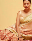 Traditional Georgette Banarasee Bandhani Saree in Green and Dusty Orange