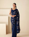 Blush Pink Printed Saree with Elegant Blouse - Blue