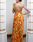 Orange Multicolor Abstract Drape Skirt Set (Set Of 2)