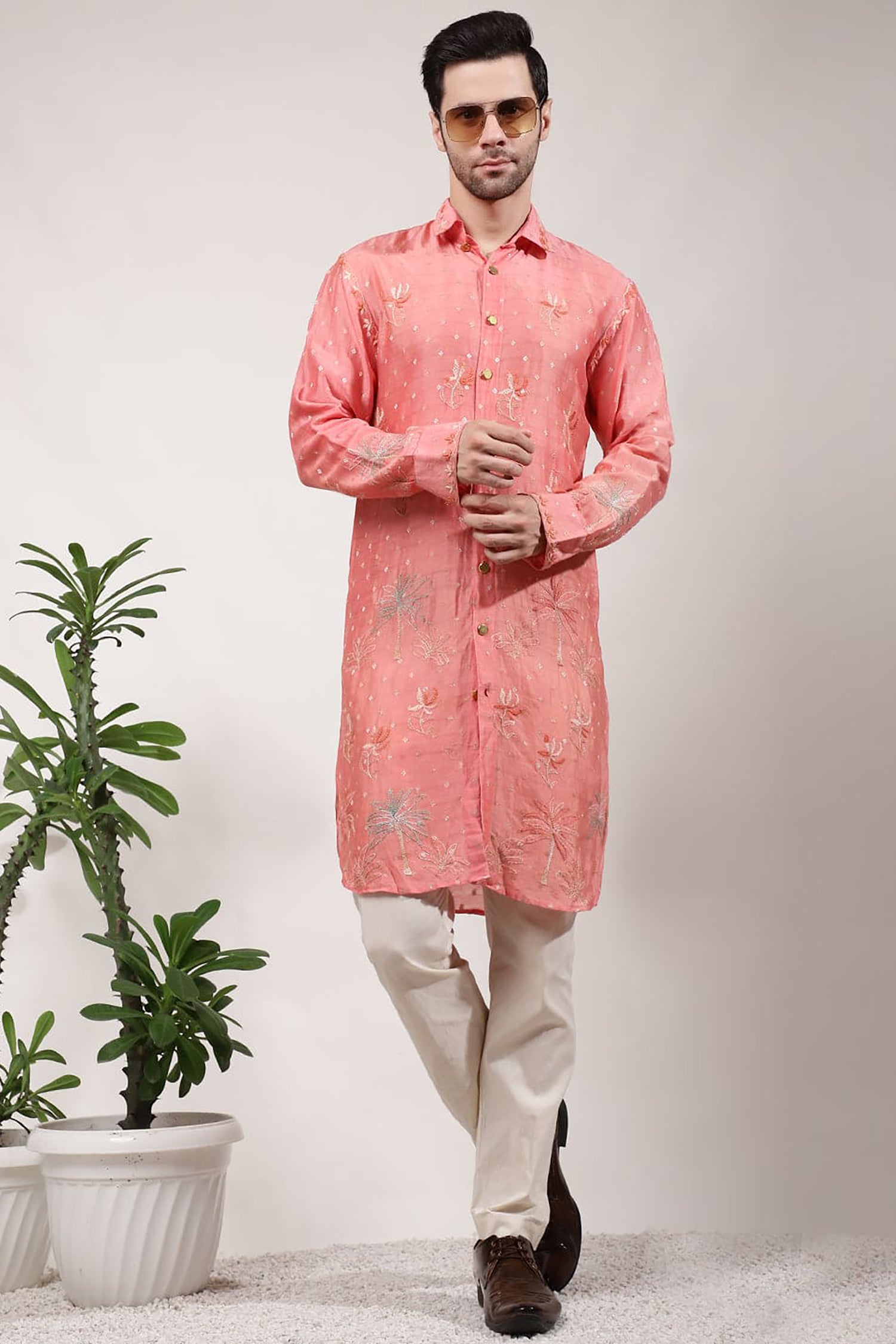 ChikanKari Silk Kurta Set - Orange