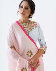 Blush Pink Printed Tussar Silk and Georgette Saree with Elegant Blouse
