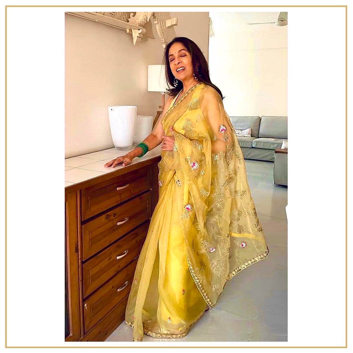 Yellow Hand Embroidered Gota Patti Jaal Saree Set