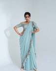 Mint Green Ruffle Drape Skirt Set with Crop Top and Dupatta - Georgette