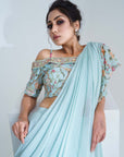 Mint Green Ruffle Drape Skirt Set with Crop Top and Dupatta - Georgette