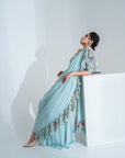 Mint Green Ruffle Drape Skirt Set with Crop Top and Dupatta - Georgette