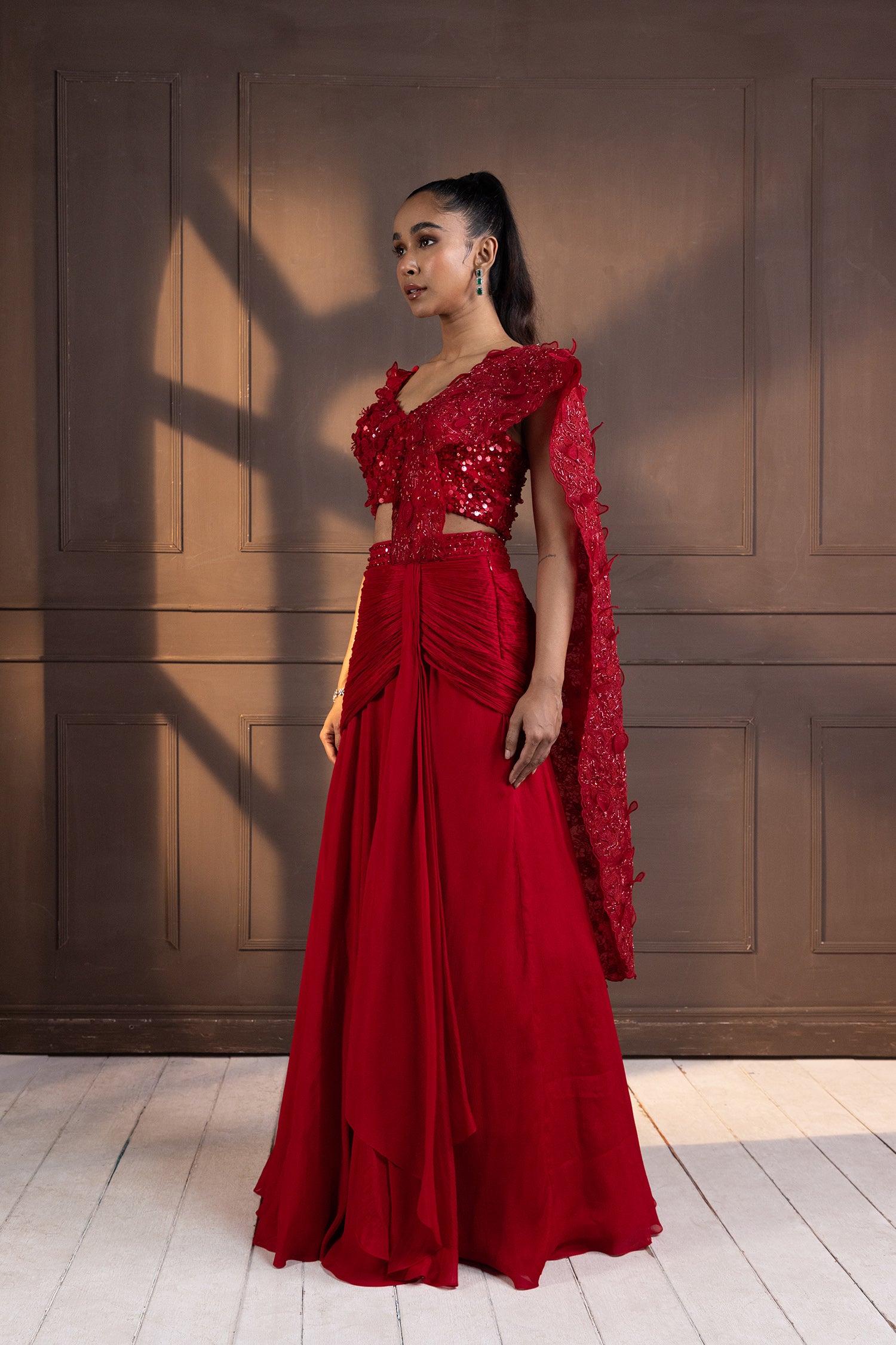 Romantic Red Embellished Drape Saree