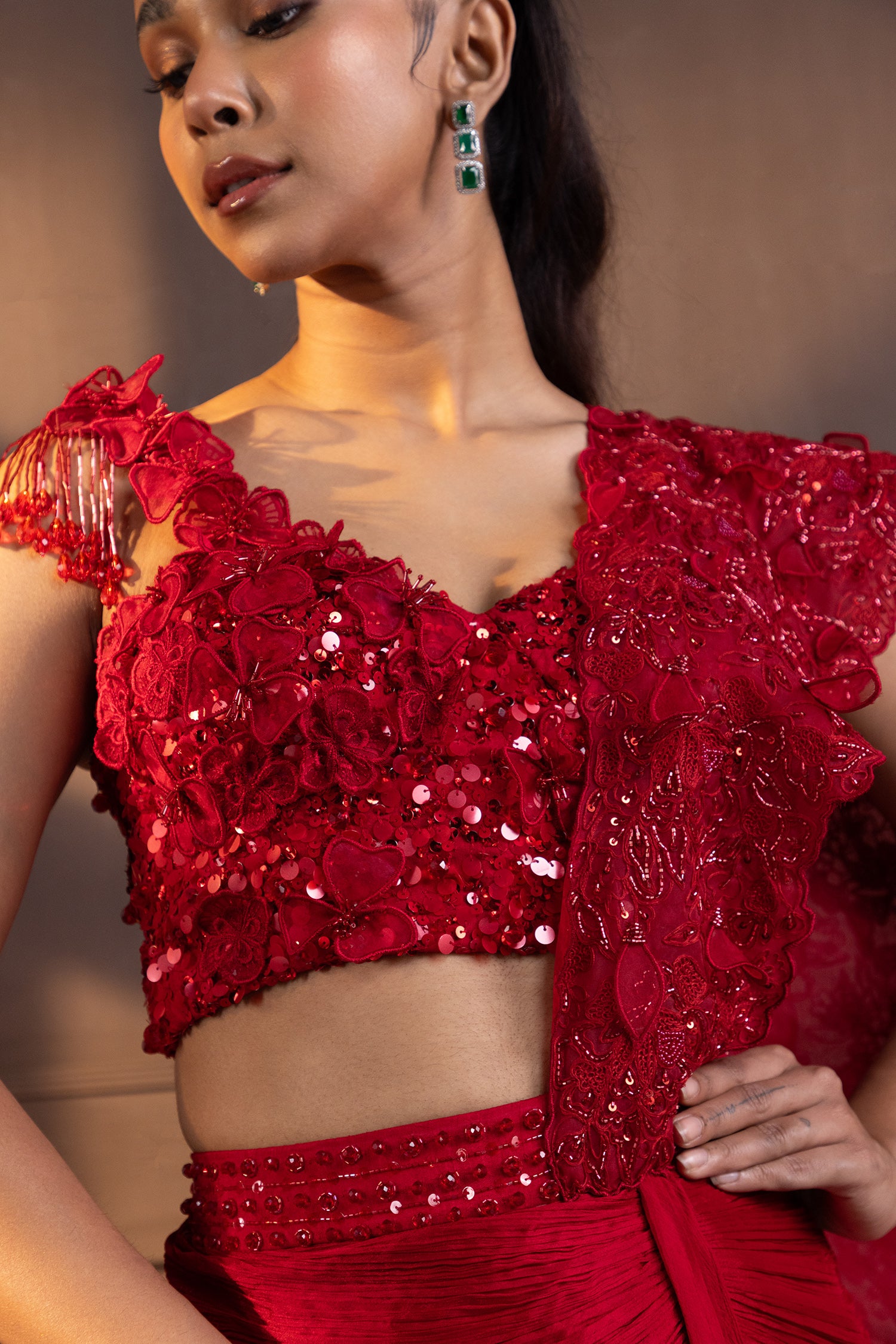 Romantic Red Embellished Drape Saree