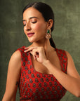 Red Ajrakh Blouse And Double Layered Flare Pants With Cape Dupatta