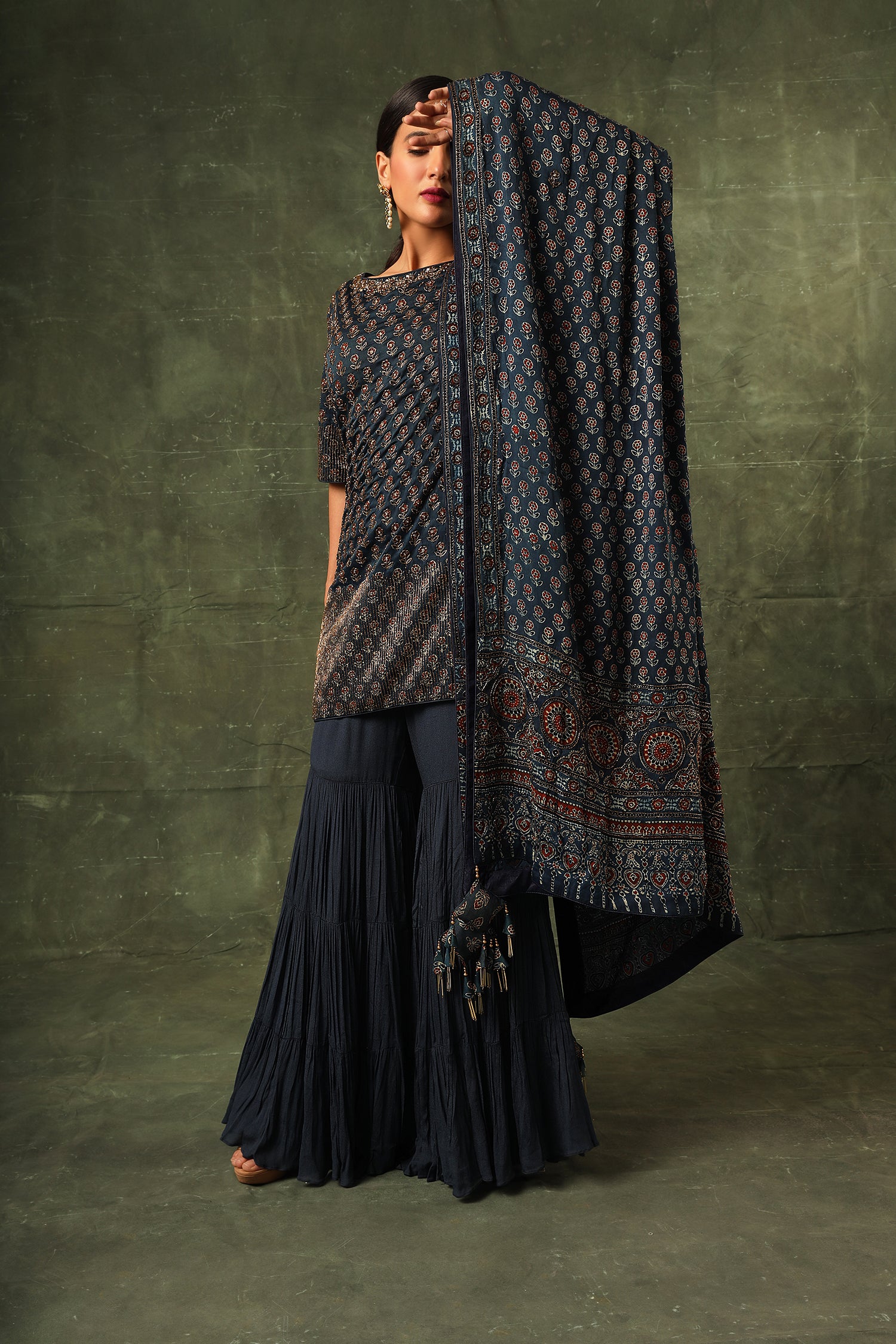 Blue Ajrakh Kurta And Sharara With Dupatta