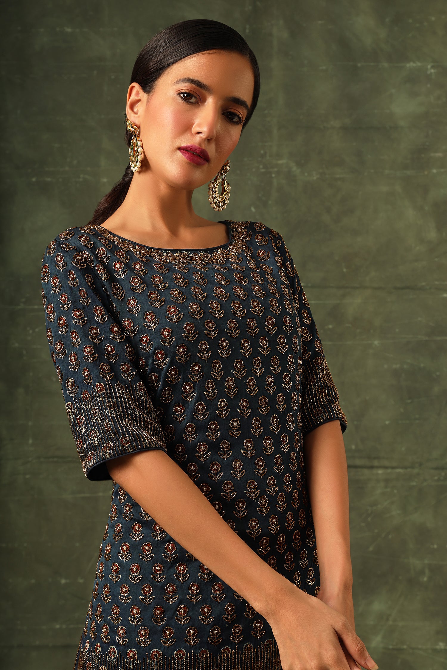 Blue Ajrakh Kurta And Sharara With Dupatta