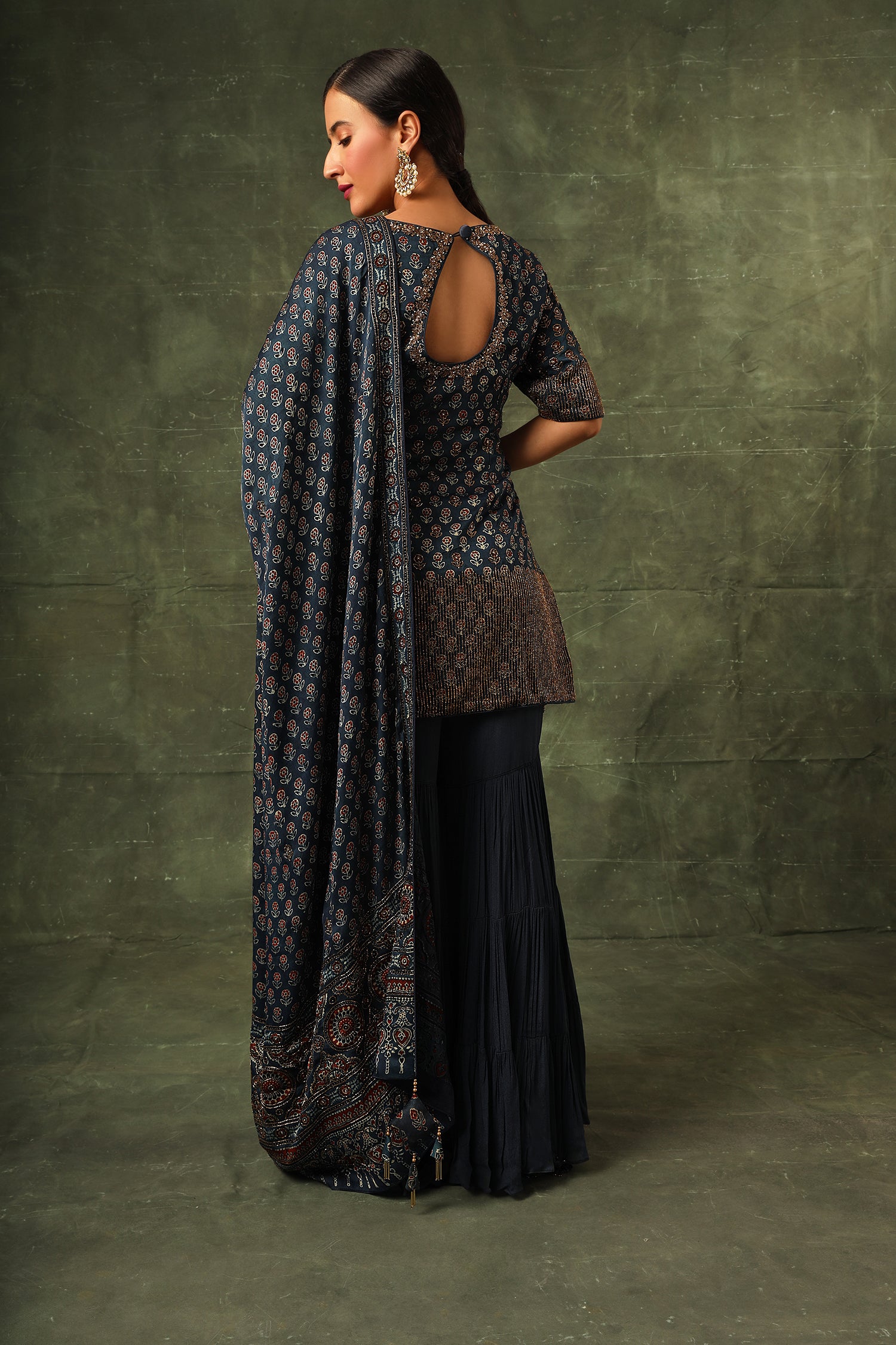 Blue Ajrakh Kurta And Sharara With Dupatta