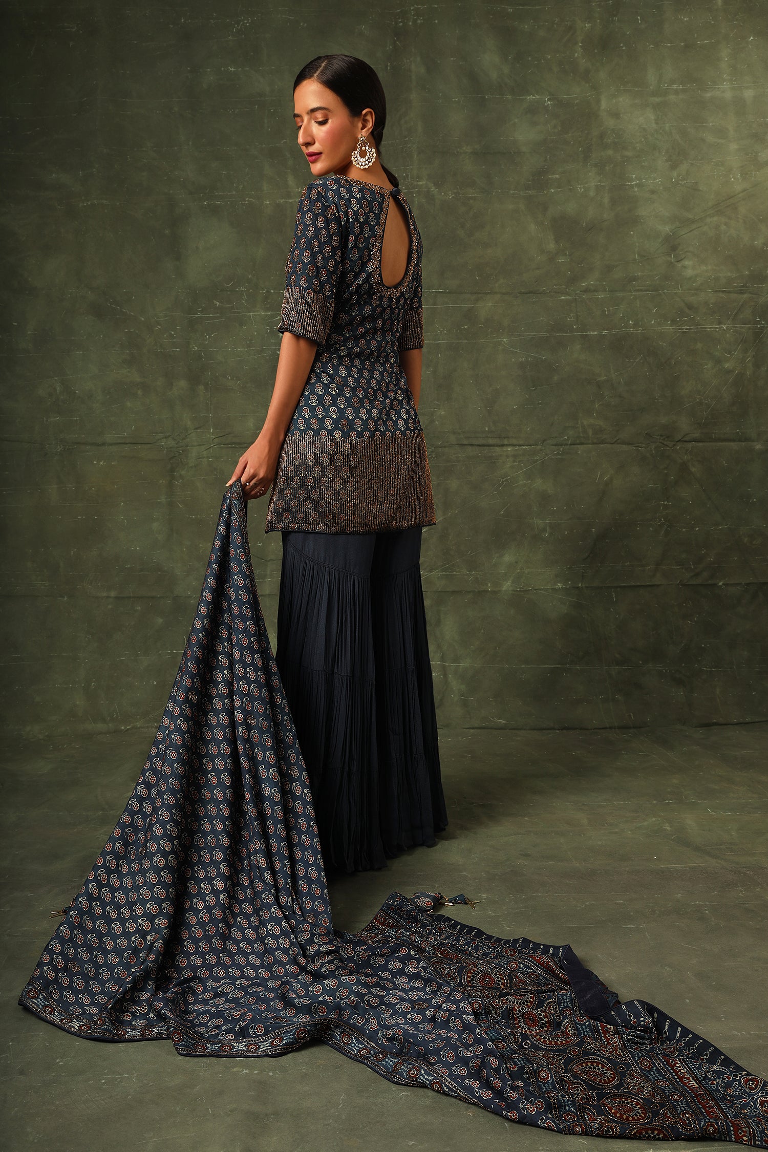 Blue Ajrakh Kurta And Sharara With Dupatta