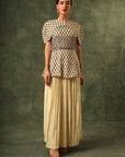 Beige Ajrakh Peplum Top With Pleated Pants