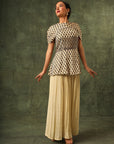 Beige Ajrakh Peplum Top With Pleated Pants