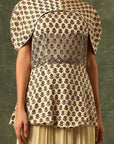 Beige Ajrakh Peplum Top With Pleated Pants