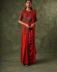 Red Embellished Ajrakh Gown Saree