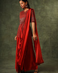 Red Embellished Ajrakh Gown Saree