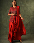Red Embellished Ajrakh Gown Saree