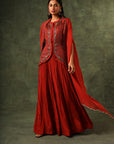 Red Ajrakh Jacket With Gathered Skirt And Cape Dupatta