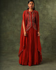 Red Ajrakh Jacket With Gathered Skirt And Cape Dupatta