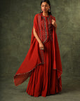 Red Ajrakh Jacket With Gathered Skirt And Cape Dupatta