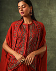 Red Ajrakh Jacket With Gathered Skirt And Cape Dupatta