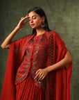 Red Ajrakh Jacket With Gathered Skirt And Cape Dupatta