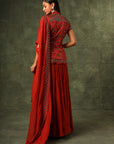 Red Ajrakh Jacket With Gathered Skirt And Cape Dupatta