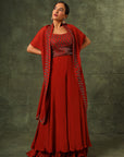 Red Ajrakh Blouse And Double Layered Flare Pants With Cape Dupatta