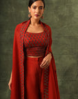 Red Ajrakh Blouse And Double Layered Flare Pants With Cape Dupatta
