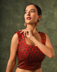 Red Ajrakh Blouse And Double Layered Flare Pants With Cape Dupatta