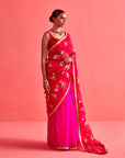 Red and Pink Hand Embrodiered Saree With Mashru Silk Blouse