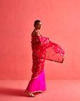 Red and Pink Hand Embrodiered Saree With Mashru Silk Blouse