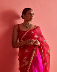 Red and Pink Hand Embrodiered Saree With Mashru Silk Blouse