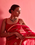 Red and Pink Hand Embrodiered Saree With Mashru Silk Blouse
