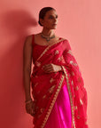Red and Pink Hand Embrodiered Saree With Mashru Silk Blouse