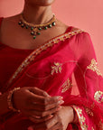 Red and Pink Hand Embrodiered Saree With Mashru Silk Blouse