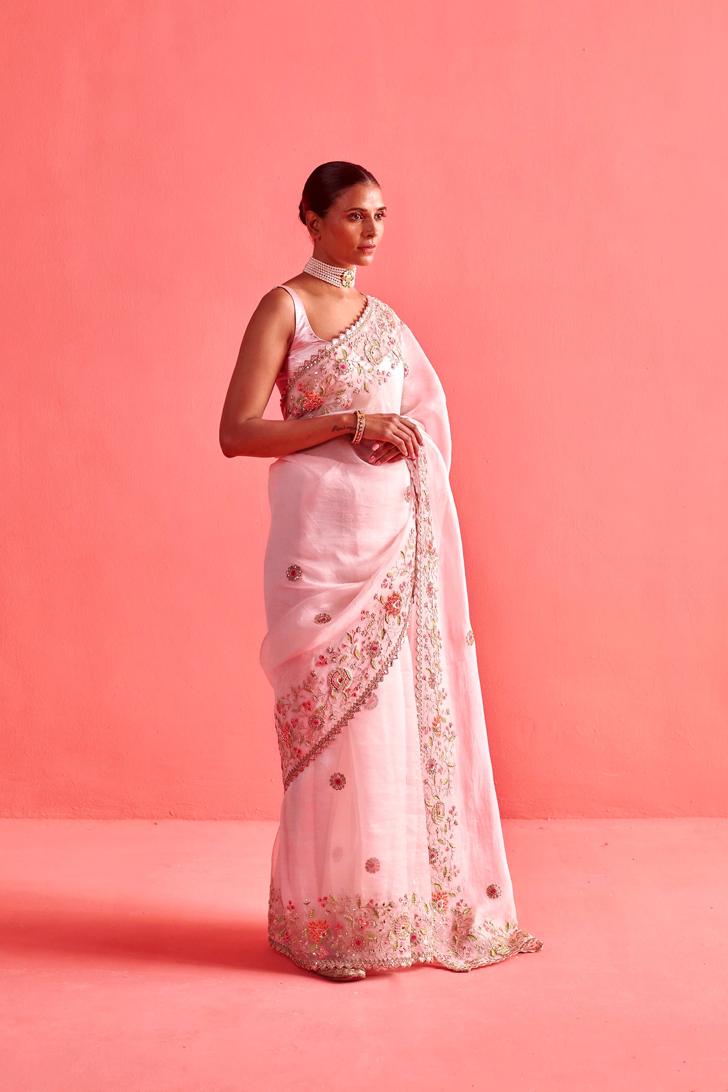 Powdered Pink Hand Embrodiered Saree With Mashru Silk Blouse