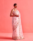 Powdered Pink Hand Embrodiered Saree With Mashru Silk Blouse