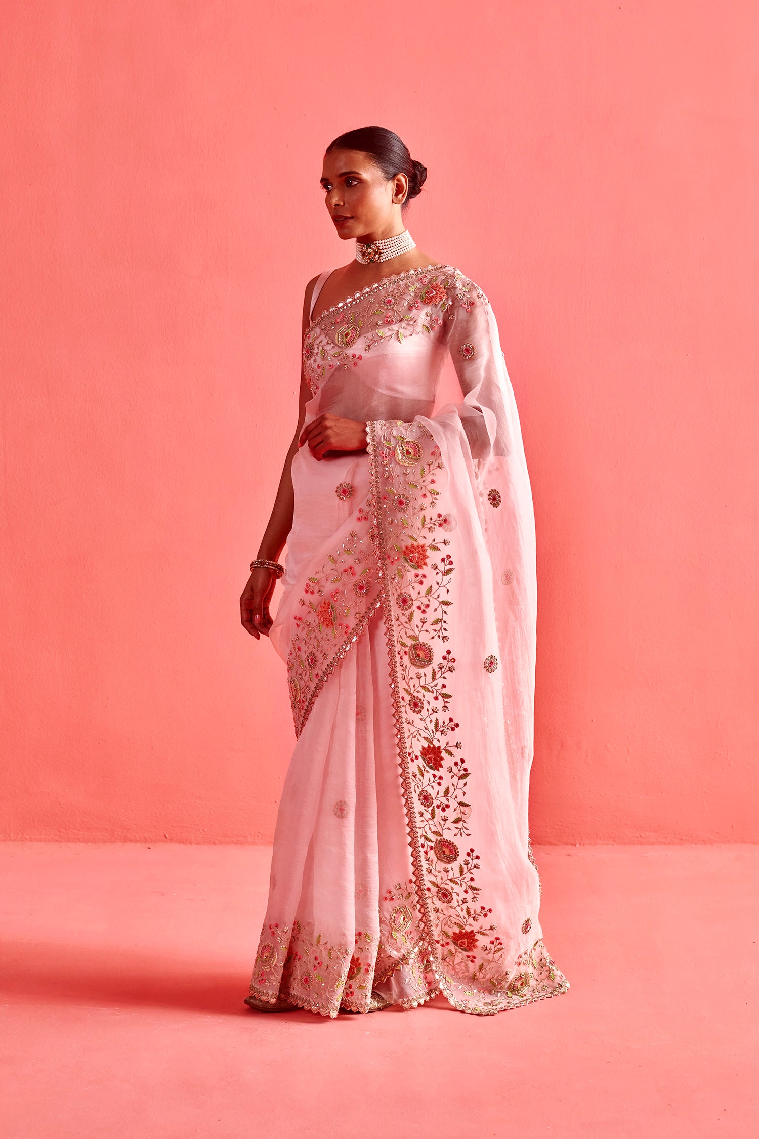 Powdered Pink Hand Embrodiered Saree With Mashru Silk Blouse